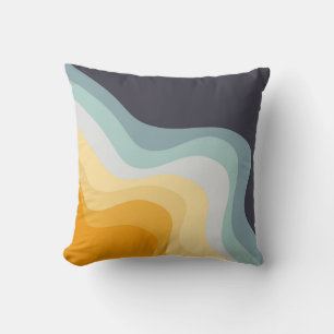 Blauwe en gele retro stijl golven kussen