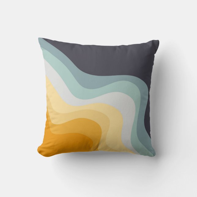 Blauwe en gele retro stijl golven kussen (Voorkant)