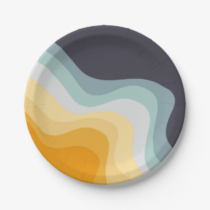 Blauwe en gele retro stijl golven papieren bordje