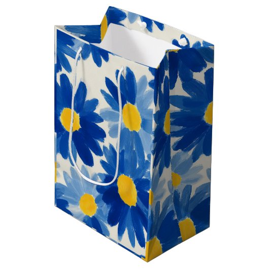 Blauwe en gele schilderachtige bloemen medium cadeauzakje (Voorkant Gekanteld)