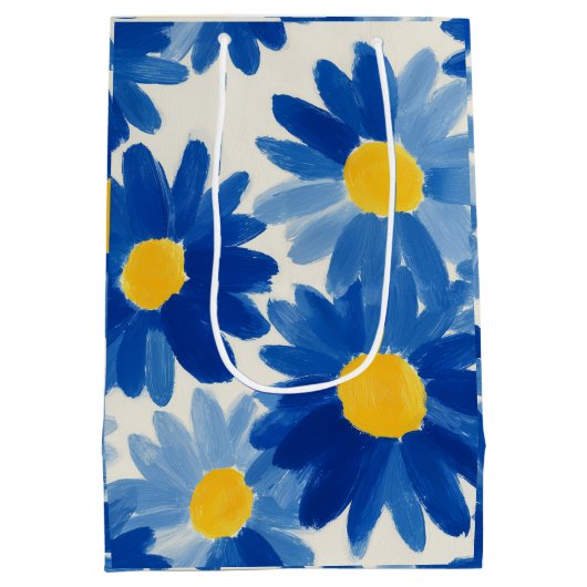 Blauwe en gele schilderachtige bloemen medium cadeauzakje (Achterkant)