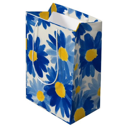 Blauwe en gele schilderachtige bloemen medium cadeauzakje (Achterkant Gekanteld)