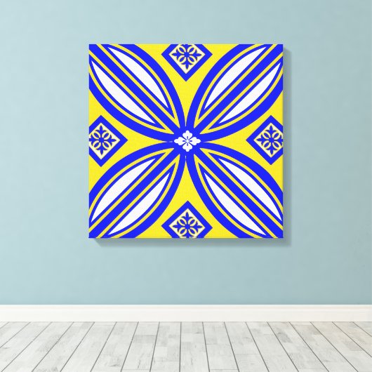 Blauwe en gele Spaanse Tegel Canvas Wall Art (Insitu (Houten vloer))