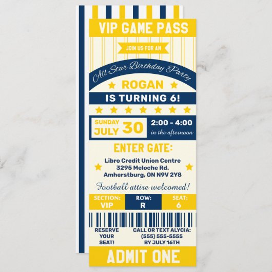 Blauwe en gele sport met als ticket Birthday Party Kaart (Voorkant / Achterkant)