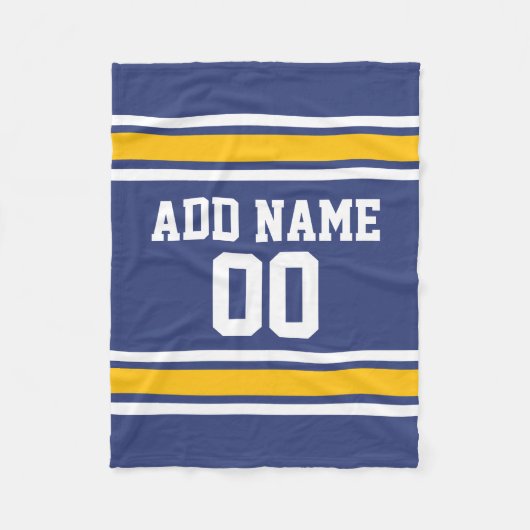 Blauwe en gele sportstroken Aangepast naamnummer Fleece Deken (Voorkant)