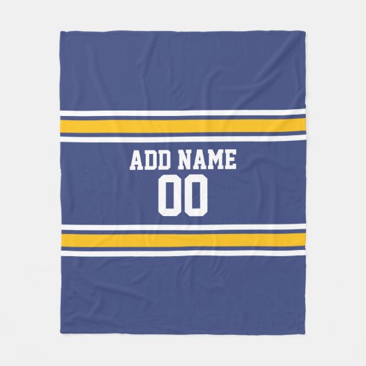 Blauwe en gele sportstroken Aangepast naamnummer Fleece Deken (Voorkant)