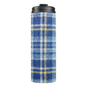 Blauwe en gele tartan of vlakke ondergrond voor fa thermosbeker