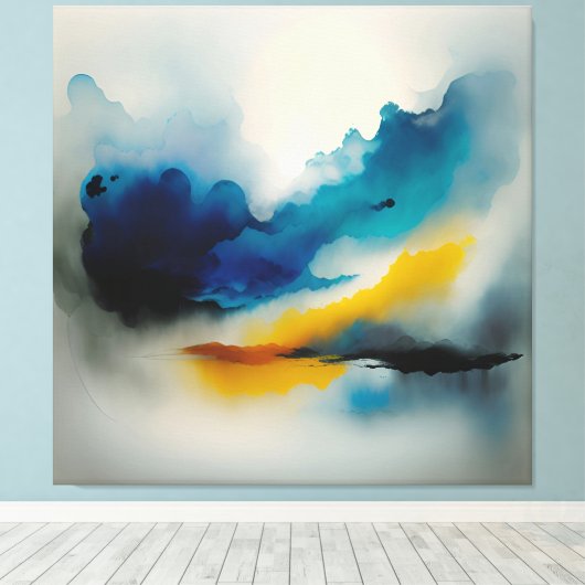 Blauwe en gele tinten abstract van wolken canvas afdruk (Insitu (Houten vloer))