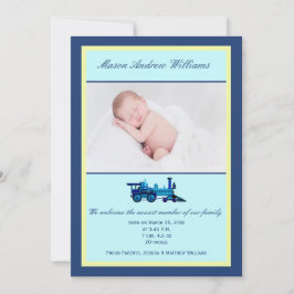 Blauwe en gele trein Gedekte foto's Aankondiging