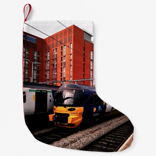 Blauwe en gele trein kleine kerstsok (Voorkant)