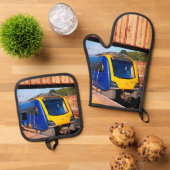 Blauwe en gele trein ovenwant & pannenlap set (Top down)