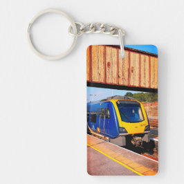 Blauwe en gele trein sleutelhanger