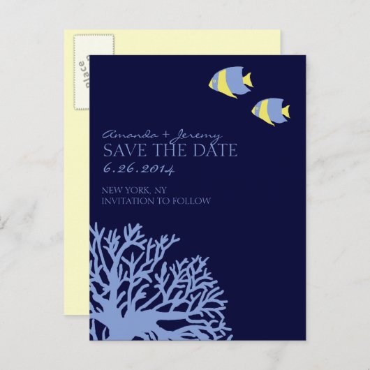 Blauwe en gele tropische vissen redden de datum aankondigingskaart (Voorkant / Achterkant)