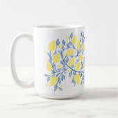 Blauwe en gele verfrissende citroenwijnstokken koffiemok (Links)