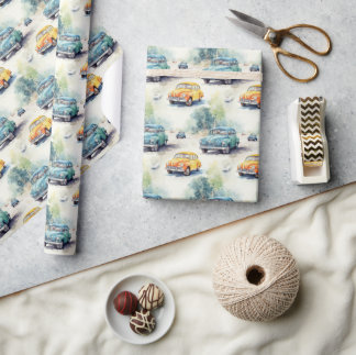 Blauwe en Gele Vintage Auto's - Cadeaupapier