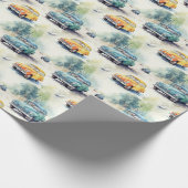Blauwe en Gele Vintage Auto's - Cadeaupapier (Hoek)
