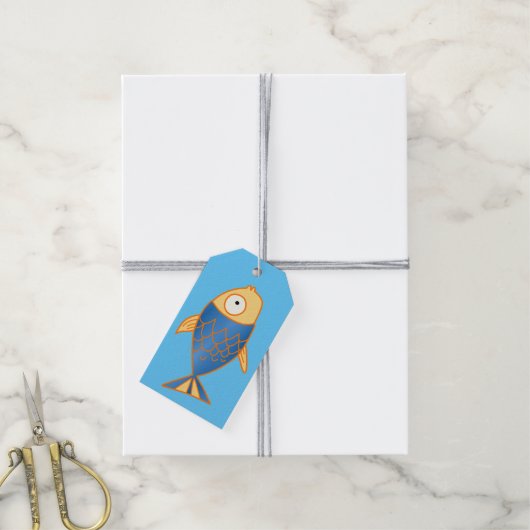 Blauwe en gele vis cadeaulabel (Met Touw)