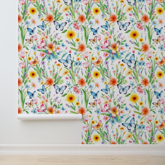 Blauwe en gele vlinders in de wei behang (Applicatie)