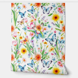 Blauwe en gele vlinders in de wei behang