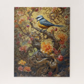 Blauwe en gele vogel op bloemengouden wijnstokken legpuzzel (Verticaal)