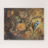 Blauwe en gele vogel op bloemengouden wijnstokken legpuzzel (Horizontaal)