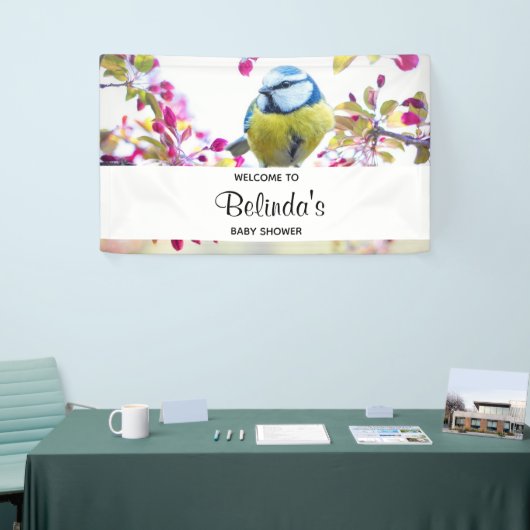 blauwe en gele vogel op een Baby shower van de Ta Spandoek (Beurs)