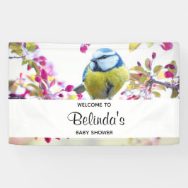 blauwe en gele vogel op een Baby shower van de Ta Spandoek