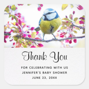 blauwe en gele vogel op een Baby shower van de Ta Vierkante Sticker
