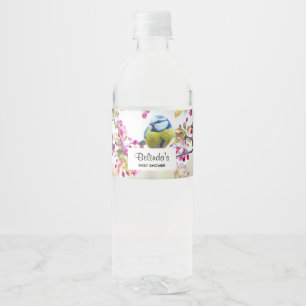 blauwe en gele vogel op een Baby shower van de Ta Waterfles Etiket