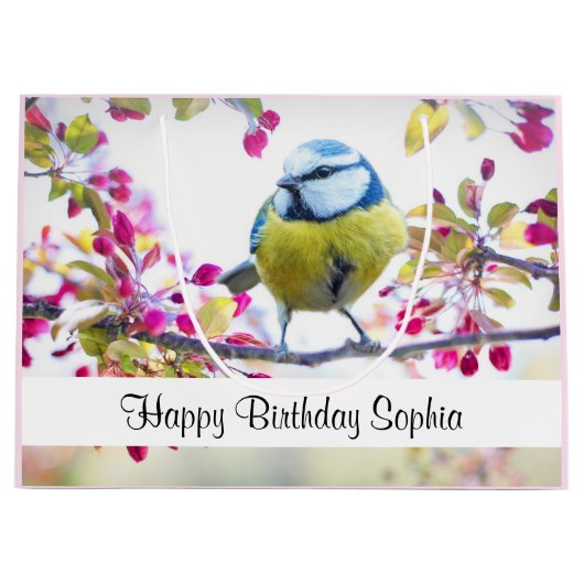 blauwe en gele vogel op een Branch Birthday Groot Cadeauzakje (Voorkant)