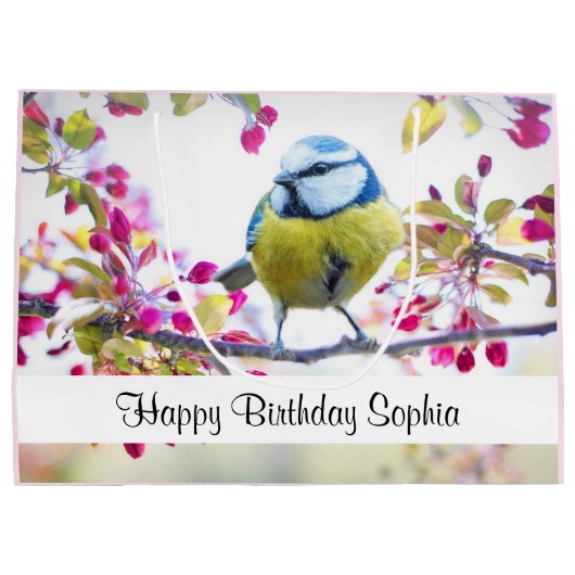  blauwe en gele vogel op een Branch Birthday Groot Cadeauzakje (Achterkant)