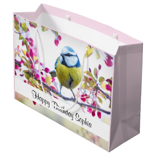  blauwe en gele vogel op een Branch Birthday Groot Cadeauzakje (Achterkant Gekanteld)