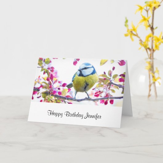 blauwe en gele vogel op een Branch Birthday Kaart (Gele Bloem)