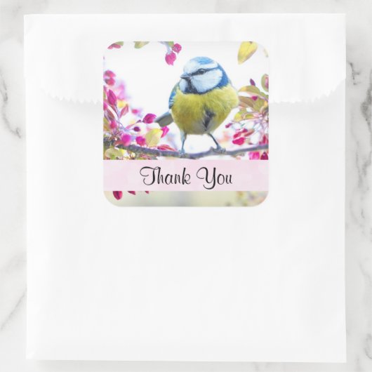 blauwe en gele vogel op een filiaal Dank u Vierkante Sticker (Tas)