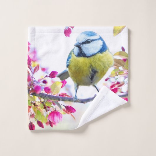  blauwe en gele vogel op een foto van de Tak Bad Handdoek (Wasdoekje)