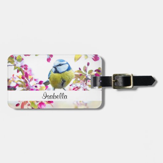 blauwe en gele vogel op een foto van de Tak Bagagelabel (Voorkant horizontaal)