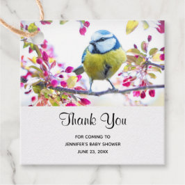  blauwe en gele vogel op een foto van de Tak Bedankjes Labels