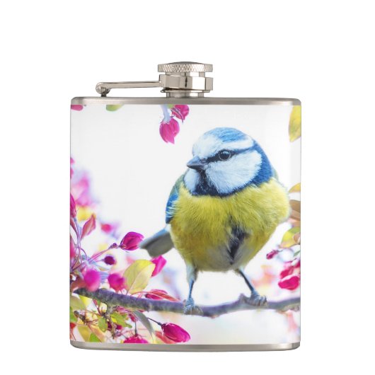 blauwe en gele vogel op een foto van de Tak Heupfles (Voorkant)