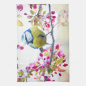  blauwe en gele vogel op een foto van de Tak Theedoek (Verticaal)