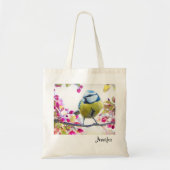 blauwe en gele vogel op een foto van de Tak Tote Bag (Voorkant)