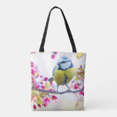 blauwe en gele vogel op een foto van de Tak Tote Bag (Achterkant)