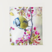  blauwe en gele vogel op een foto van de Tak Wandkleed (Voorkant)