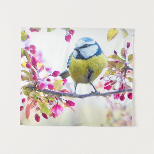  blauwe en gele vogel op een foto van de Tak Wandkleed (Voorkant (horizontaal))