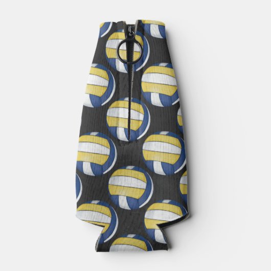 Blauwe en gele volleybalpatronen flesjeskoeler (Achterkant)