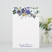 Blauwe en gele waterverf bloemen gepersonaliseerd briefpapier (Staand voorkant)