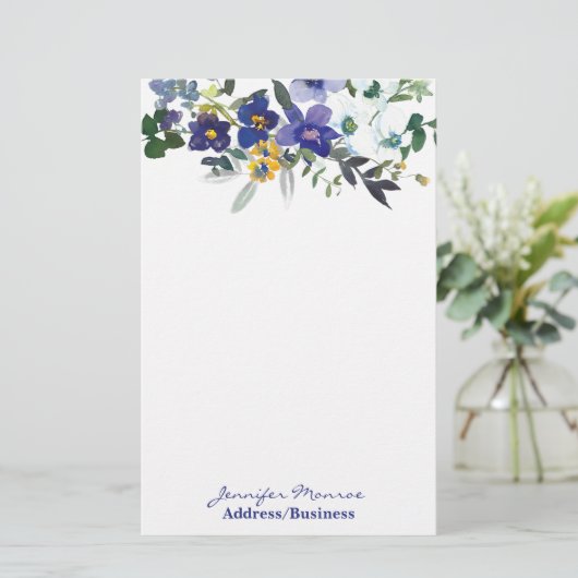 Blauwe en gele waterverf bloemen gepersonaliseerd briefpapier (Staand voorkant)