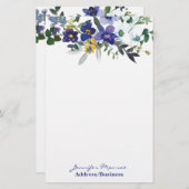 Blauwe en gele waterverf bloemen gepersonaliseerd briefpapier (Voorkant / Achterkant)