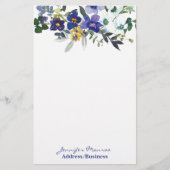 Blauwe en gele waterverf bloemen gepersonaliseerd briefpapier (Voorkant)