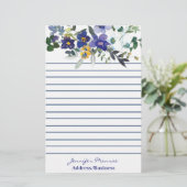 Blauwe en gele waterverf bloemen gepersonaliseerd briefpapier (Staand voorkant)