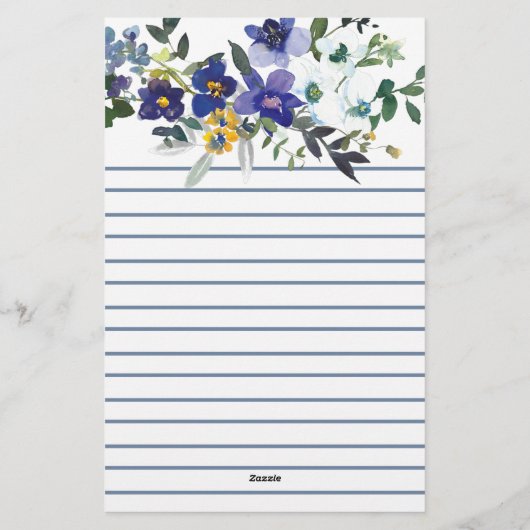 Blauwe en gele waterverf bloemen gepersonaliseerd briefpapier (Achterkant)